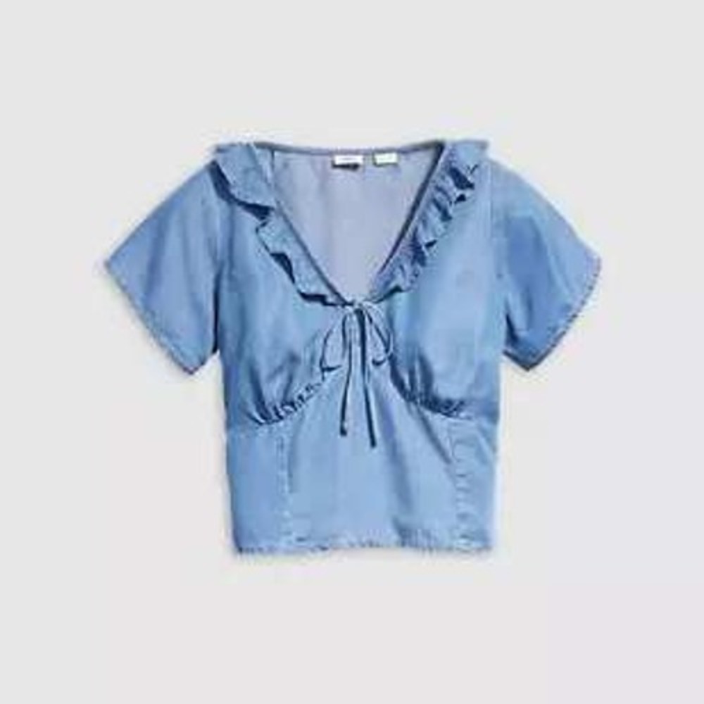 Levi's Mylene Blouse Womens Medium Blue Denim Ruffle Tie Front Cottagecore Boho